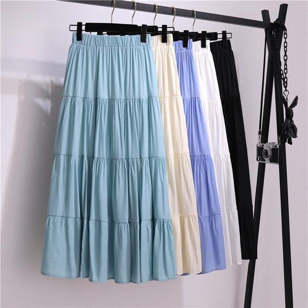 

summer cotton a line high womens skirts waisted long femme casual solid jupe green, Black
