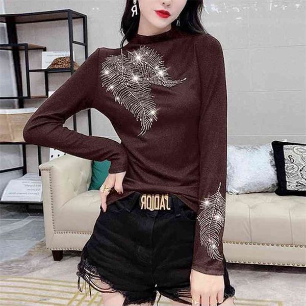 

women's long sleeve slim t-shirts autumn winter fashion half turtleneck feather diamond bottoming female bodycon tshirt 210522, White