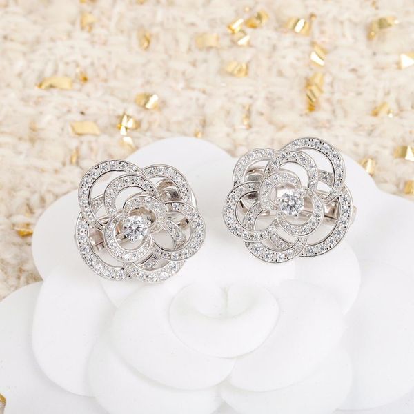 

europe luxury famous brand pure 925 sterling silver jewelry for women camellia flowers stud earrings exquisite romance gifts, Golden;silver