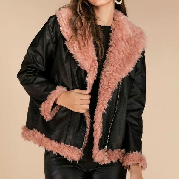 

women's fur & faux coat warm women jacket winter casual fashion long sleeve pu leather jackets oversize 2021 outwear overcoat, Black