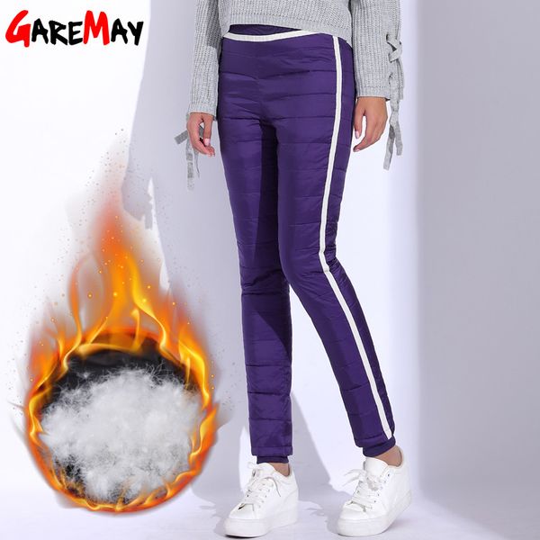 Mulheres para baixo calças de inverno listra para as mulheres quentes Pantalon Femme Plus Size Eastic Cintura Casual Grosso Pant Garemay 210428