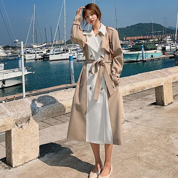 

women's trench coats korean style elegant temperament coat 2021 spring and autumn trend stitching contrast color mid-length, Tan;black