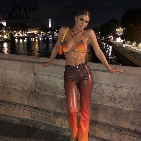 

gradient orange pu leather womens capri high waist straight leg street wear winter outfit trousers p71 gz32, Black;white