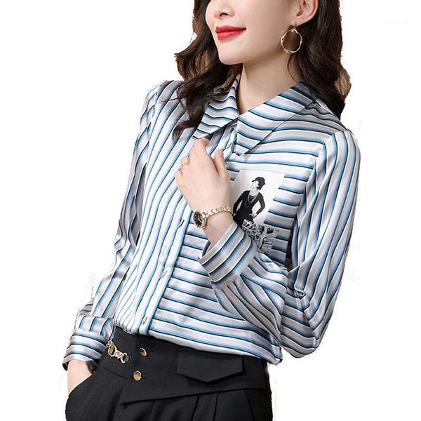 

92.5% silk 7.5% spandex women's shirt turn down collar long sleeves striped printed fashion blouse casual camisa blouses & shirts, White