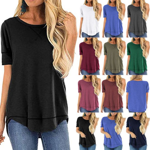 

women's 2021 spring and summer new round neck splicing sleeve front short back long t-shirt, Black;gray