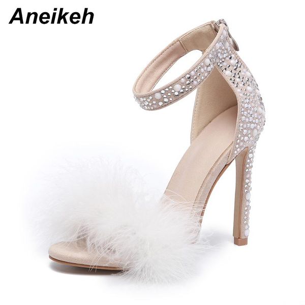 

aneikeh 2021 flock gladiator women autumn bling sandals sweet high thin heels zipper daily shoes apricot solid size 42, Black