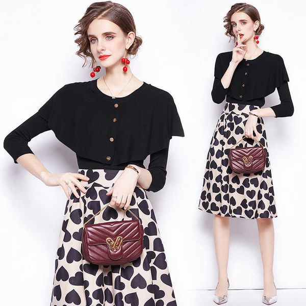 

autumn winter women suits fashion elegant ladies black long sleeve knitted + a line print skirt two piece set 210525, White