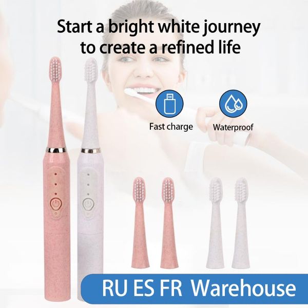 

smart electric toothbrush ultrasonic sonic non-rechargeable soft hair automatic waterproof 2 brush head couple travel set