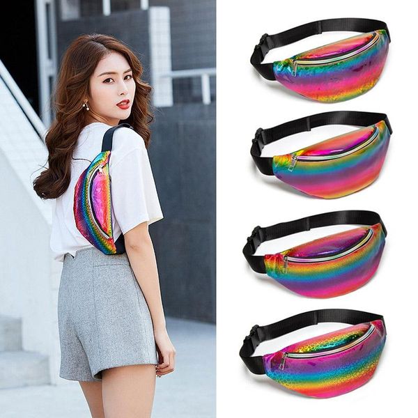 

women gradient colorful shoulder bags chest laser pu leather crossbody for cool female fashion ladies casual purse waist