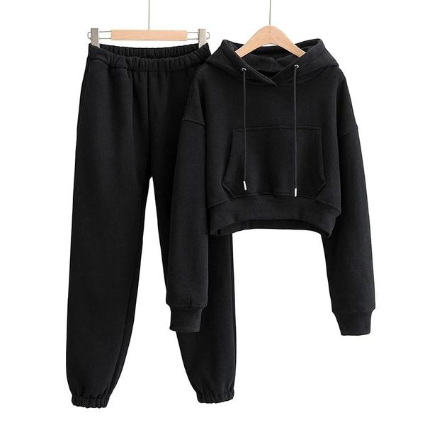 

women's tracksuits plus fleece leisure sports suit 2021 autumn winter pocket pullover sweater elastic waist pants, Gray