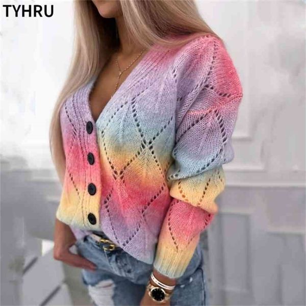 Tyhru Rainbow Malha Cardigan Sweater Feminino Sweet Single-Breasted Recorte Suéteres Manga Longa Candy Cardigans Casuais 210914