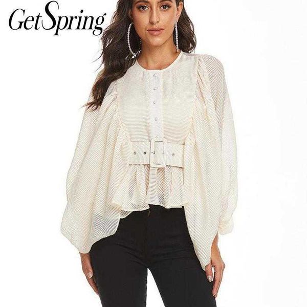 

getspring women shirt ruffles lantern sleeve striped woman blouses shirts bandage vintage long womens 210601, White