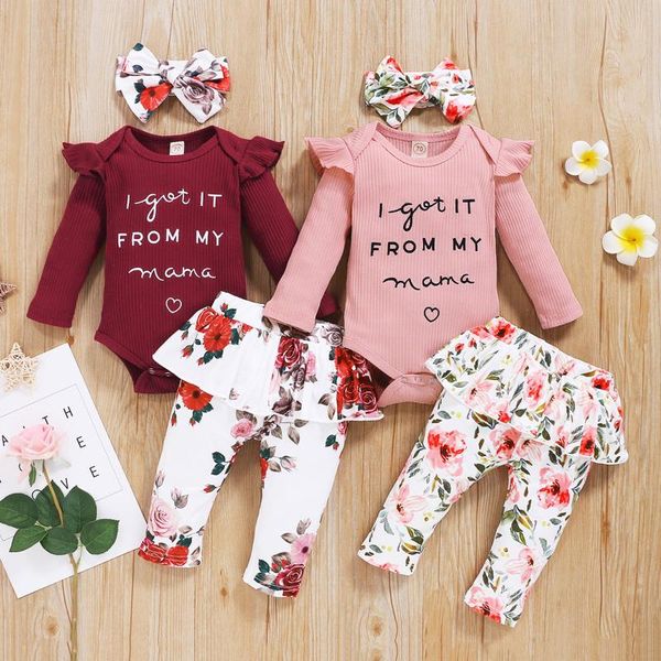 

born baby girl clothes 3pcs ribbed letter romper bodysuit+ruffle floral pants headband outfits set infant girls clothing sets, White