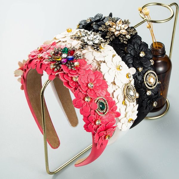 

elegant crystal pu leather flower headband luxury sparkly rhinestone beaded metal floral hairband girls party crowns, Silver