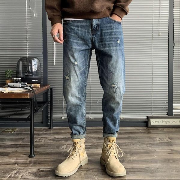 

men's jeans 2021 men spring summer streetwear holes fashion loose straight pants ladies long stretch denim trousers w513, Blue