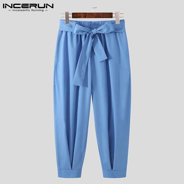 

men's pants men solid color joggers 2021 baggy lace up fashion casual trousers streetwear leisure pantalon with belt s-5xl incerun, Black