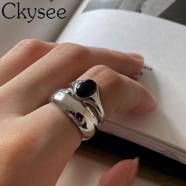 

cluster rings ckysee couple 925 sterling silver black agate ring opened adjustable for women original fine jewelry, Golden;silver