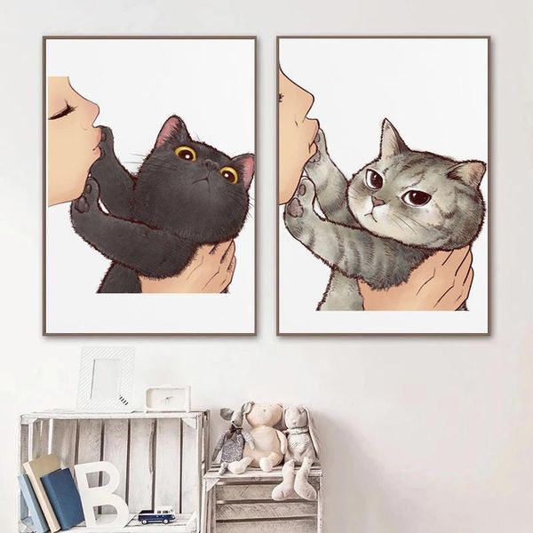 

paintings funny cat with kids cartoon canvas painting posters and prints lovely nordic wall art pictures living room home decor