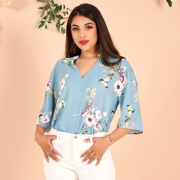 

women's blouses & shirts summer elegant casual and 2021 v-neck flower print commute fashion loose female clothing, White