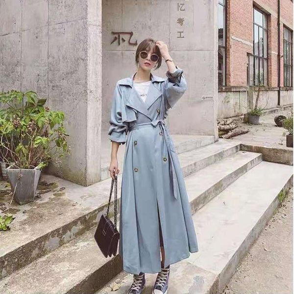 

women's trench coats the autumn winter korean version of 2021 windbreaker long knee-length coat with double-breasted suit collar, Tan;black