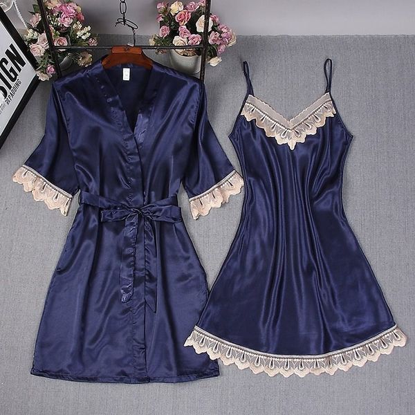 

women's sleepwear women summer soft spaghetti strap mini dress+kimono robe suits three quarter lace rayon bath gown nightgown pajamas 2, Black;red