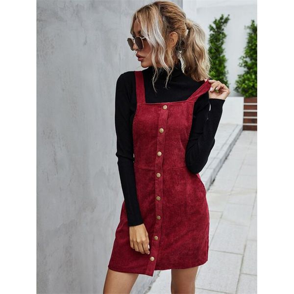 

women's corduroy a line dress spring autumn solid color square collar suspender single-breasted overall mini women clothes casual dress, Black;gray