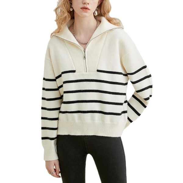 

women's sweaters beige striped big size knitting sweater pullover women loose fit lapel long sleeve pullovers fashion autumn winter 202, White;black