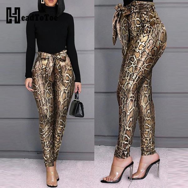 

snakeskin print high waist bow women capris skinny tied casual pencil, Black;white