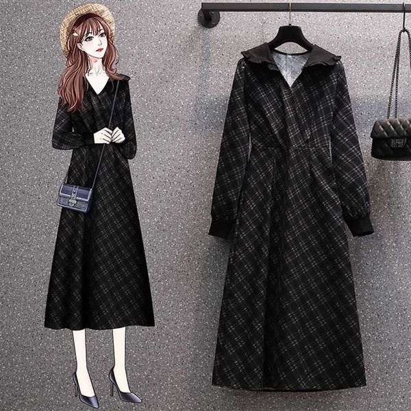 

casual dresses dress women clothes spring large women's slightly fat mm contrast auricularia auricula side gathered waist bubble sleeve, Black;gray