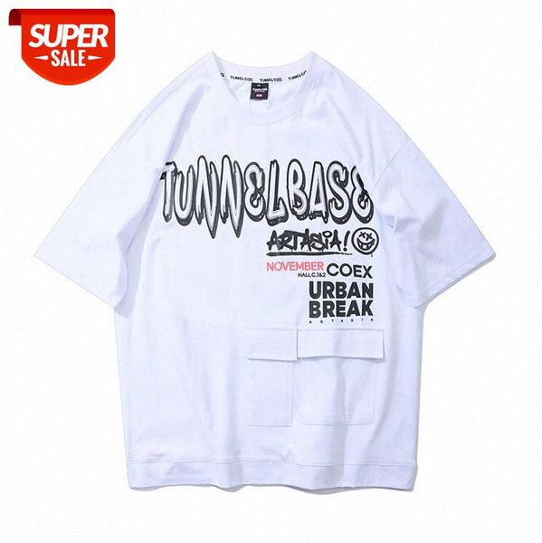 

american high street simple pocket stitching t-shirt loose creative letter printing short-sleeved tee men and women #mc9b, White;black