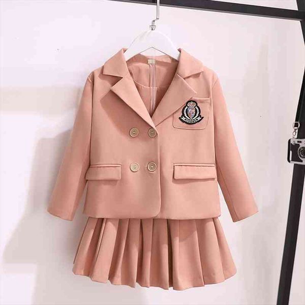 

fashion kids suits for baby girls clothes autumn long sleeve outerwear pleated skirt 2 pieces teens sets school uniform, White