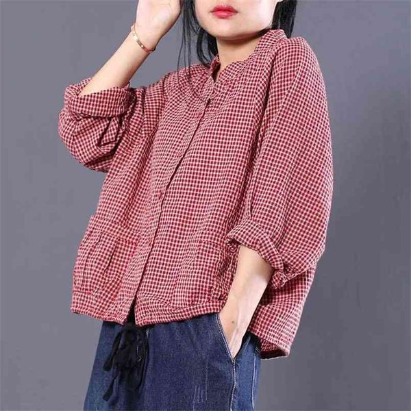 

spring women shirts plus size loose casual long sleeve vintage ladies double pocket cotton linen plaid blouses d2 210512, White
