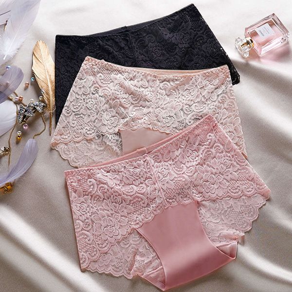 

style lace traceless underwear women's middle waist comfortable pure cotton breathable hollow out briefs, Black;pink