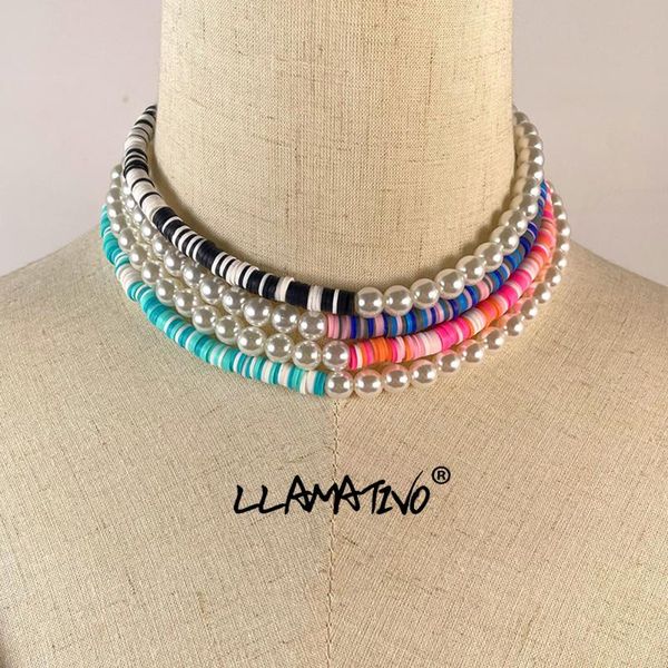 

chokers boho color soft pottery clay beaded asymmetry imitation pearls necklace for women candy simple choker bohemian necklaces jewelry, Golden;silver