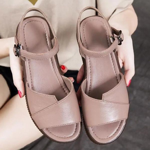 

first layer cowhide sandals mother shoes buckle women's casual dance summer comfortable open-toed big, Black