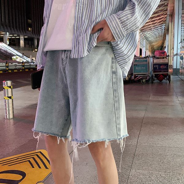

summer stretch waist denim shorts mens fashion retro torn denim shorts men streetwear loose hip-hop blue denim shorts mens