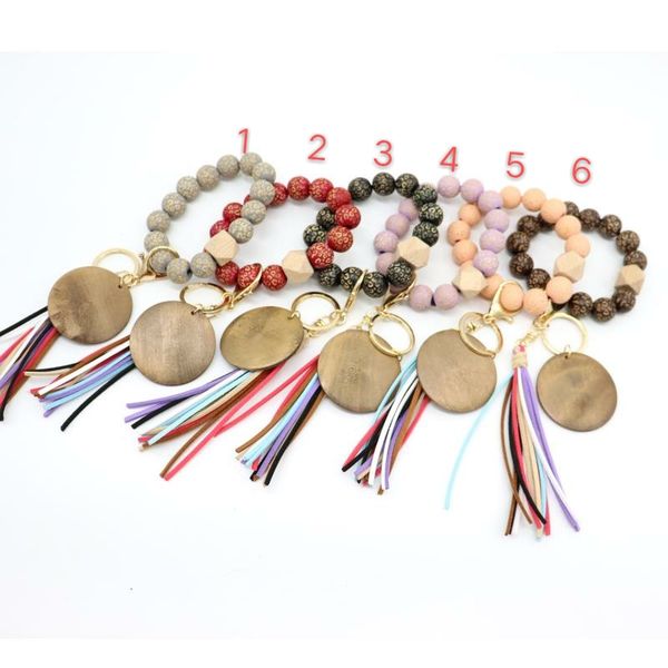 

foreign trade personalized bracelet craft carved wooden beads keychain blank disc tassel key ring pendant multi-color optional, Silver