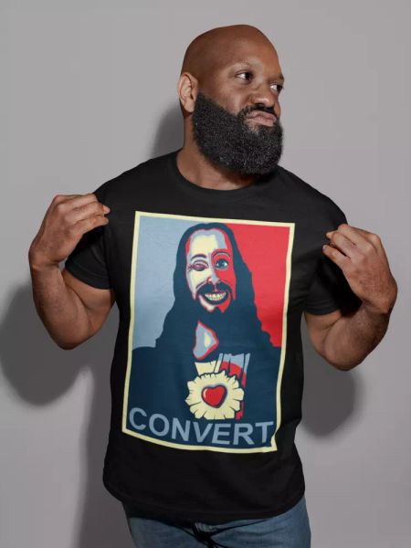 

jesus christ t-shirt convert poster funny cool retro gift xmas christian parody, White;black