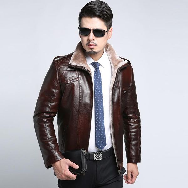 

men's fur & faux autumn winter turn-down collar leather jacket men thick warm velvet motorcycle mens jackets coat male casual outwears, Black