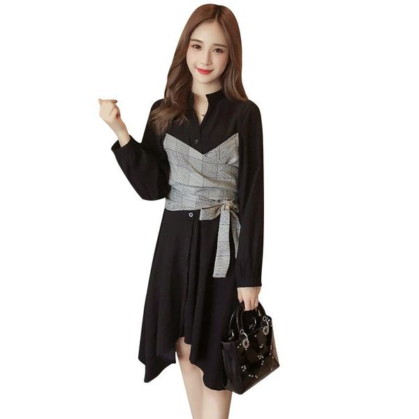 

casual dresses spring and autumn large size women's mandarin collar sashes fashion femal l-4xl women office, Black;gray