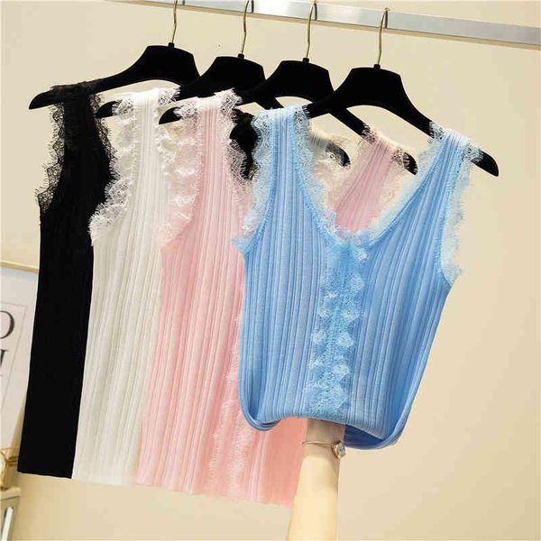 

women's tanks & camis lace patchwork knitted elasticity tank women summer new woman clothes backless womens haut femme ropa mujer 9ers, White