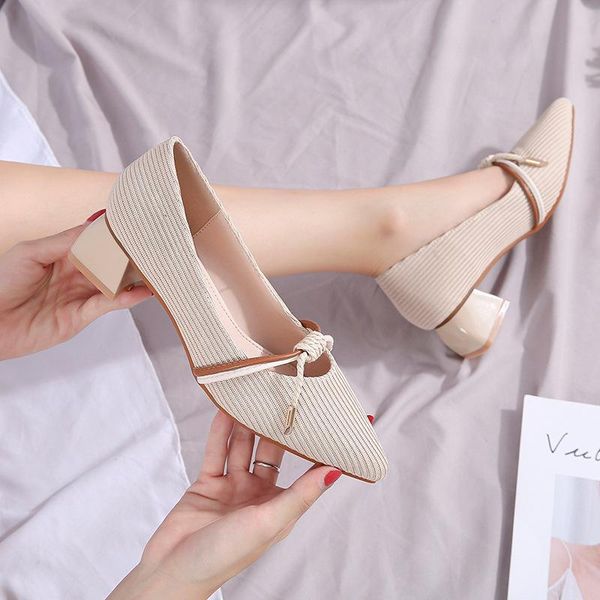 

dress shoes plus size 34-43 knitting pumps woman bow-knot weaving mary janes femme pointed toe thick med-high heels women, Black