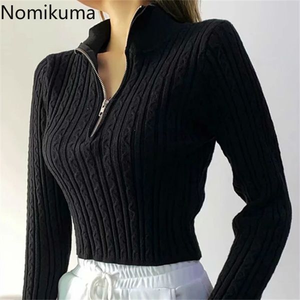 

nomikuma vintage twisted zipper pullover knitwear women autumn new high waist short knitted long sleeve sweater 6c709 210427, White;black