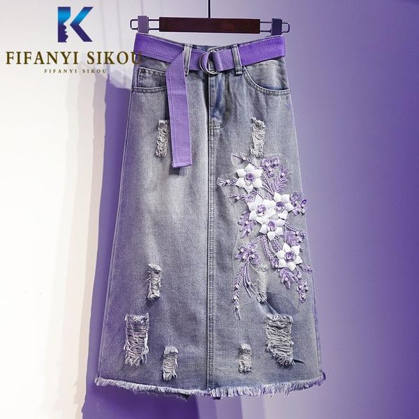 

skirts 2021 summer women plus size denim skirt embroidery beading high waist mid long female loose a-line jeans with belt, Black
