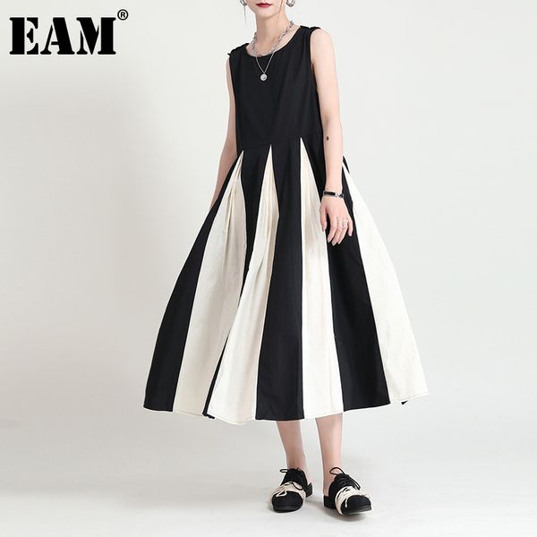 

[eam] women black contrast color long dress round neck sleevelesss loose fit fashion spring summmer 1dd7669 210512, Black;gray