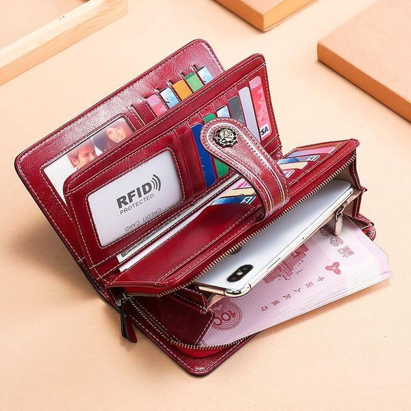 

genuine leather women wallets rfid female purse long ladies wallet phone case woman and card holder, Red;black