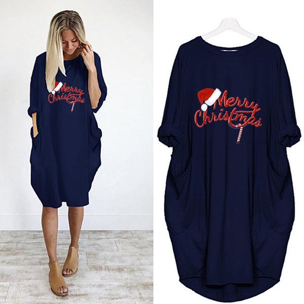 

casual dresses merry christmas letter print dress women plus size pocket party autumn long sleeve loose female midi vestidos, Black;gray