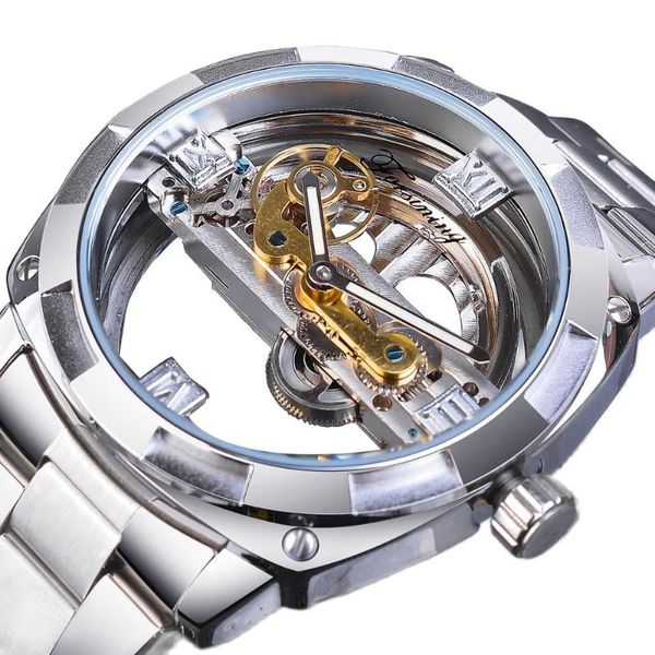

wristwatches forsining men transparent design mechanical watch automatic silver square golden gear skeleton stainless steel belts clock saat, Slivery;brown