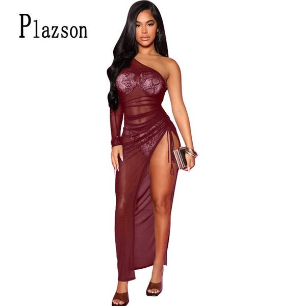 

casual dresses plazson backless high split long dress women off shoulder sleeve see through clubwear evening party solid robe, Black;gray