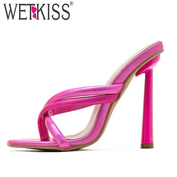

wetkiss women pu slippers thin high heels sandals square open toe cross tied sandals soft flip flop shoes plus size 42 210630, Black